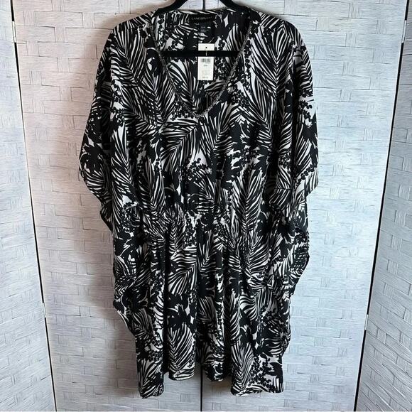 Lane Bryant Tunic Womens Vneck black white Beaded Trim Kimono kaftan plus size - Picture 1 of 7